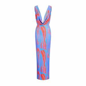 NWT REVOLVE lovers COMMENSE deep plunging maxi dress blue and coral L